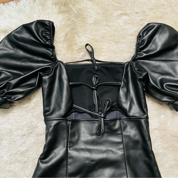 H&M Divided Faux Leather Puff Sleeve Tie back Mini Dress - Picture 9 of 13